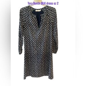 Tory Burch Navy Pattern Silk Dress sz 2 Long Sleeve Logo Buttons Lined V-Neck